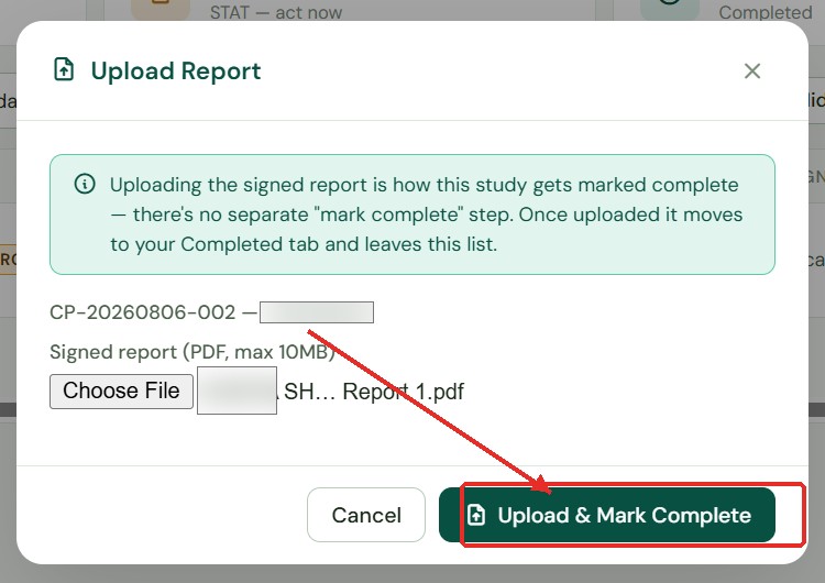 Upload Report button on the study row