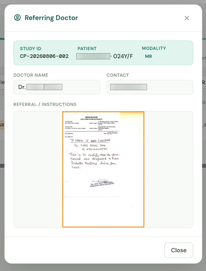 Referring doctor details panel