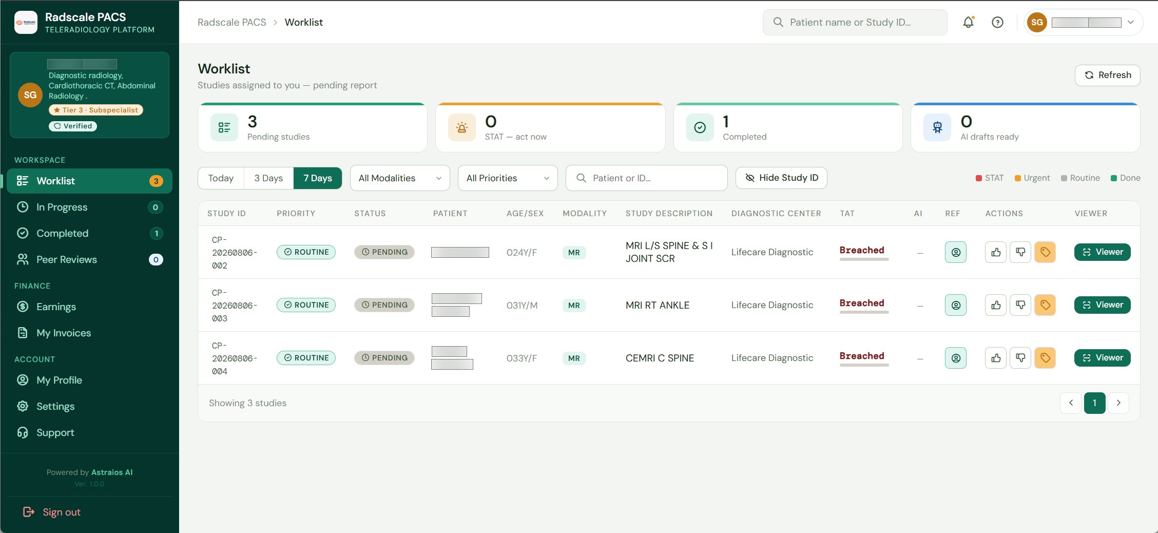 The Worklist showing studies pending your review